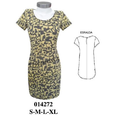 014272 - Molde de Vestido corto ajustado con escote redondo, mangas cortas y espalda con cierre y bajo redondeado