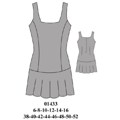 01433 - Molde de Jumper escolar sin mangas con escote cuadrado, corte en cintura con pinza trasera, falda tableada y forro delantero y espalda