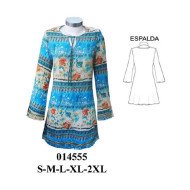 014555 - Molde de Vestido corto evase con cuello redondo y escote en v con tiras para anudar, mangas largas acampanadas y bajo con ligero vuelo