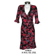 014626 - Molde de Vestido cruzado con escote en v, manga tres cuartos con volante en puño, amarre lateral en cintura y falda con vuelo y volante en el bajo