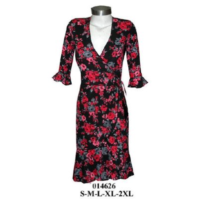 014626 - Molde de Vestido cruzado con escote en v, manga tres cuartos con volante en puño, amarre lateral en cintura y falda con vuelo y volante en el bajo 014626 - Molde de Vestido cruzado con escote en v, manga tres cuartos con volante en puño, amarre lateral en cintura y falda con vuelo y volante en el bajo