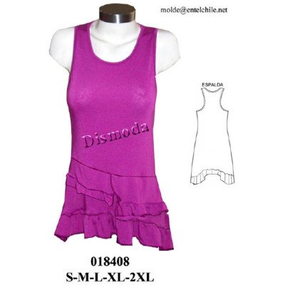 018408 - Molde de Polera de tirantes anchos con escote redondo, corte a la cadera y volados superpuestos en el faldón 018408 - Molde de Polera de tirantes anchos con escote redondo, corte a la cadera y volados superpuestos en el faldón