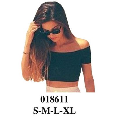 018611 - Molde de Crop top con escote recto hombros descubiertos y mangas cortas ajustadas