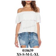 018639 - Molde de Polera con hombros descubiertos, escote elástico fruncido con volante, manga corta integrada y silueta recta