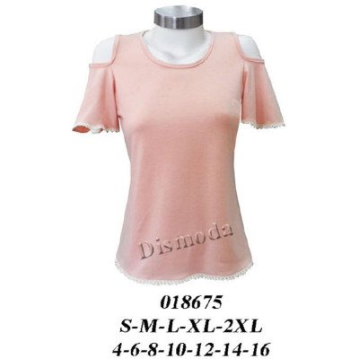018675 - Molde de Polera con escote redondo, hombros descubiertos, manga corta con volante y ribete de encaje en bajo y mangas 018675 - Molde de Polera con escote redondo, hombros descubiertos, manga corta con volante y ribete de encaje en bajo y mangas