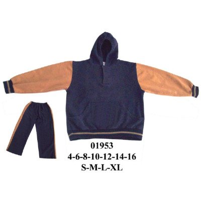 01953 - Molde de Buzo con polerón con capucha, bolsillo canguro, mangas largas con puños en rib y pretina; y pantalón con pretina elasticada y franja lateral