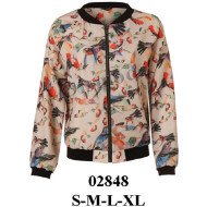 02848 - Molde de Chaqueta tipo bomber con cuello, cierre central, mangas raglan con vivos, pretina y puños elasticados, y bolsillos delanteros