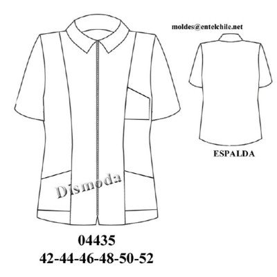 04435 - Molde de Delantal de manga corta con cuello camisero, cierre central, cortes verticales en el delantero y bolsillos de parche laterales y en el pecho 04435 - Molde de Delantal de manga corta con cuello camisero, cierre central, cortes verticales en el delantero y bolsillos de parche laterales y en el pecho
