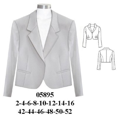 05895 - Molde de Chaqueta huasa corta con cuello de solapa tipo esmoquin, mangas largas, bolsillos de vivo en delantero y entalle con costuras princesa en espalda 05895 - Molde de Chaqueta huasa corta con cuello de solapa tipo esmoquin, mangas largas, bolsillos de vivo en delantero y entalle con costuras princesa en espalda