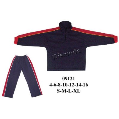 09121 - Molde de Buzo deportivo con polerón de cierre corto, cuello alto y mangas rectas con franjas en rojo y amarillo, y pantalón recto con pretina elasticada y franjas laterales en rojo y blanco 09121 - Molde de Buzo deportivo con polerón de cierre corto, cuello alto y mangas rectas con franjas en rojo y amarillo, y pantalón recto con pretina elasticada y franjas laterales en rojo y blanco