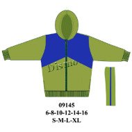 09145 - Molde de Buzo deportivo con polerón de cierre completo, gorro, puños y basta elasticados, con canesú en contraste, y pantalón recto con pretina elasticada y franja lateral