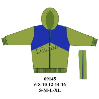 09145 - Molde de Buzo deportivo con polerón de cierre completo, gorro, puños y basta elasticados, con canesú en contraste, y pantalón recto con pretina elasticada y franja lateral