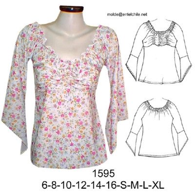 1595 - Molde de Polera, manga en punta, corte bajo busto con hilo elasticado 1595 - Molde de Polera, manga en punta, corte bajo busto con hilo elasticado