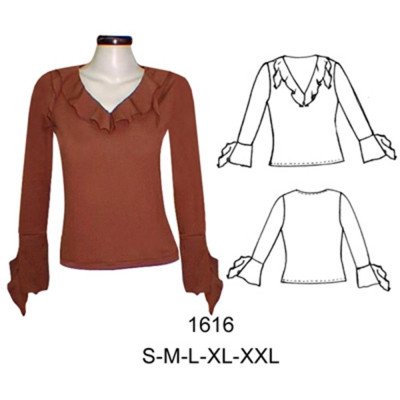 1616 - Molde de Polera escote en v con ruchas en manga y escote ; 1616 - Molde de Polera escote en v con ruchas en manga y escote ;