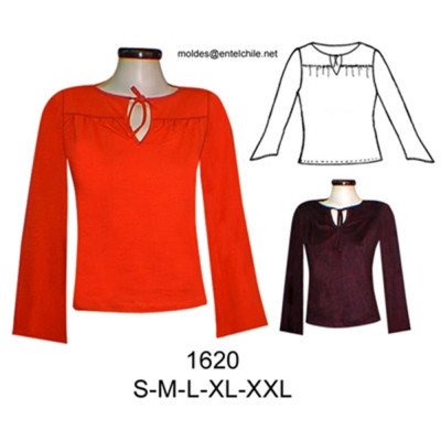 1620 - Molde de Polera con canesú y delantero recogido amarra en escote; 1620 - Molde de Polera con canesú y delantero recogido amarra en escote;