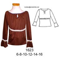 1623 - Molde de Blusa con escote redondo ajustado con amarra, corte bajo el busto y mangas largas
