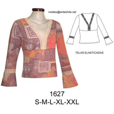 1627 - Molde de Polera corte bajo el busto, aplicación de encaje en escote y mangas; 1627 - Molde de Polera corte bajo el busto, aplicación de encaje en escote y mangas;