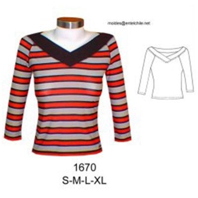 1670 - Molde de Polera cuello bote escote en v manga 3/4