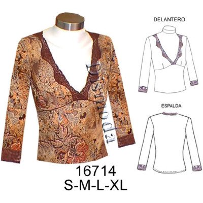 16714 - Molde de Polera corte bajo busto, encaje en escote y mangas