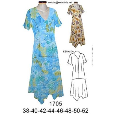 1705 - Molde de Vestido corte princesa con faldón cortado al sesgo, ; 1705 - Molde de Vestido corte princesa con faldón cortado al sesgo, ;