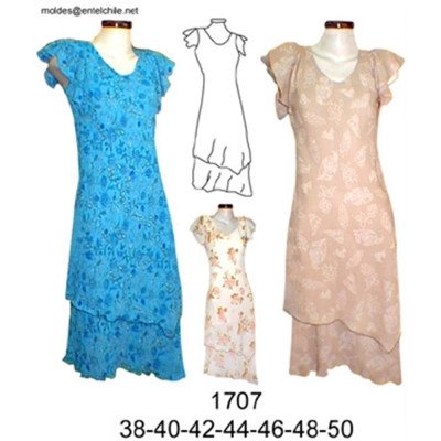 1707 - Molde de Vestido manga pestaña, cortado al sesgo, basta asimétrica (sin cierre); 1707 - Molde de Vestido manga pestaña, cortado al sesgo, basta asimétrica (sin cierre);