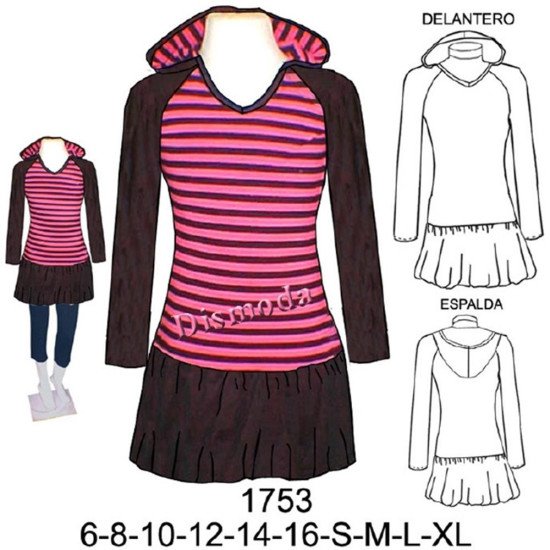 1753 - Molde de Vestido globo, con gorro, manga raglan