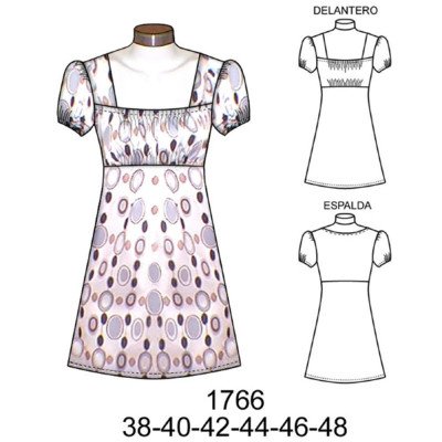 1766 - Molde de Vestido con escote elasticado y recogido en corte de busto 1766 - Molde de Vestido con escote elasticado y recogido en corte de busto