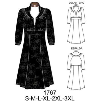 1767 - Molde de Vestido manga raglan con canesú y recogido, 1767 - Molde de Vestido manga raglan con canesú y recogido,
