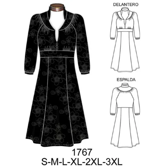 1767 - Molde de Vestido manga raglan con canesú y recogido, 1767 - Molde de Vestido manga raglan con canesú y recogido,
