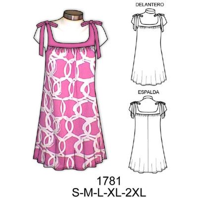 1781 - Molde de Vestido con corte sobre busto, recogido en delantero y con amarras 1781 - Molde de Vestido con corte sobre busto, recogido en delantero y con amarras