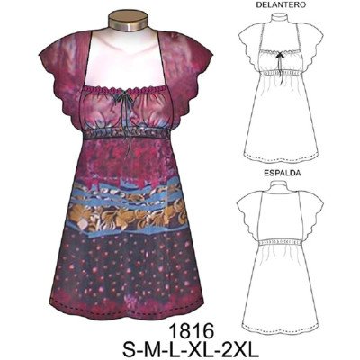 1816 - Molde de Vestido corte bajo busto con manga tipo kimono 1816 - Molde de Vestido corte bajo busto con manga tipo kimono