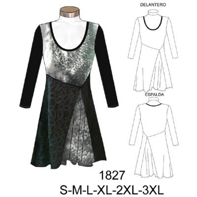 1827 - Molde de Mini vestido escotado con faldón asimétrico (largo ref 1827 - Molde de Mini vestido escotado con faldón asimétrico (largo ref