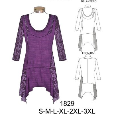 1829 - Molde de Mini vestido escotado asimétrico con capas laterales (largo ref 1829 - Molde de Mini vestido escotado asimétrico con capas laterales (largo ref
