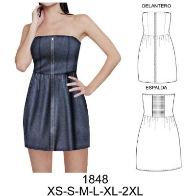 1848 - Molde de Vestido sin tirantes con cuerpo de costuras princesas, cierre frontal, espalda con frunce elástico y falda corta fruncida 1848 - Molde de Vestido sin tirantes con cuerpo de costuras princesas, cierre frontal, espalda con frunce elástico y falda corta fruncida