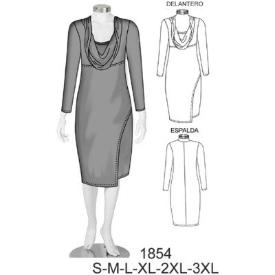 1854 - Molde de Vestido recto cuello drapeado con capa asimétrica 1854 - Molde de Vestido recto cuello drapeado con capa asimétrica