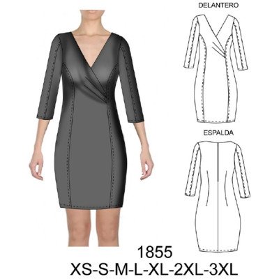 1855 - Molde de Vestido corte princesa cruzado manga 3/4 entallado, largo 87 cms 1855 - Molde de Vestido corte princesa cruzado manga 3/4 entallado, largo 87 cms