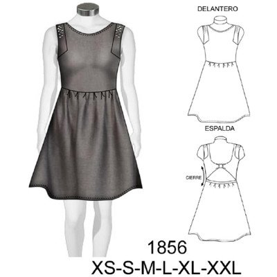 1856 - Molde de Vestido sin manga semi evase con nudo en espalda, largo 82 cms 1856 - Molde de Vestido sin manga semi evase con nudo en espalda, largo 82 cms