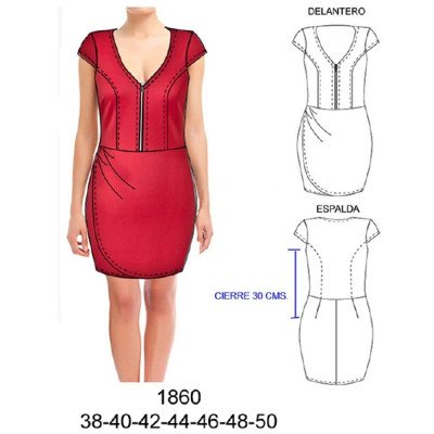 1860 - Molde de Vestido con cierre y media manga ajustado, capa delantera drapeada largo 86 cms 1860 - Molde de Vestido con cierre y media manga ajustado, capa delantera drapeada largo 86 cms
