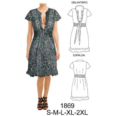 1869 - Molde de Vestido de gasa, con cortes bajo busto, cintura con pespuntes e hilo elástico 1869 - Molde de Vestido de gasa, con cortes bajo busto, cintura con pespuntes e hilo elástico