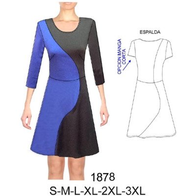 1878 - Molde de Vestido simétrico corte en la cintura semi evase 1878 - Molde de Vestido simétrico corte en la cintura semi evase