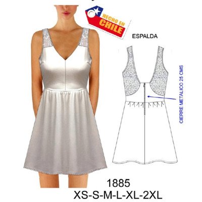 1885 - Molde de Vestido semi evase, faldón recogido, encaje en hombro y espalda, cierre metálico en espalda 1885 - Molde de Vestido semi evase, faldón recogido, encaje en hombro y espalda, cierre metálico en espalda