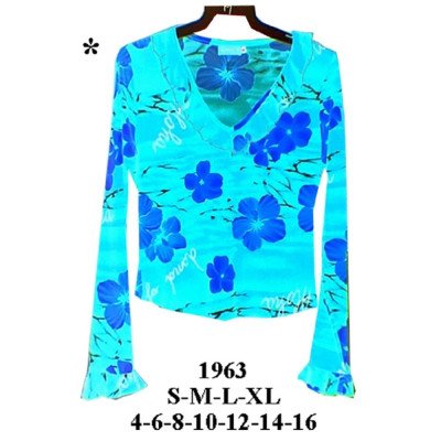 1963 - Molde de Polera con escote en v adornado con tira fruncida, mangas largas con volado