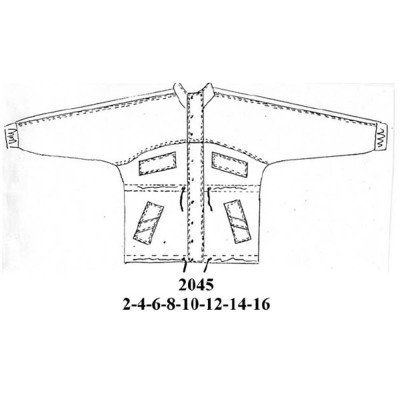 2045 - Molde de Casaca de cuello mao, cierre frontal oculto, mangas largas con puños elásticos, cintura con tira ajustable y cuatro bolsillos