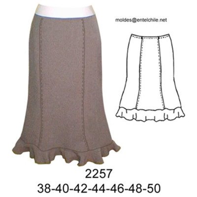 2257 - Molde de Falda a la cadera con rucha en basta modelo copihue;