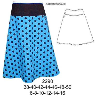 2290 - Molde de Falda a la cadera con pretina ancha semi plato cierre al costado;