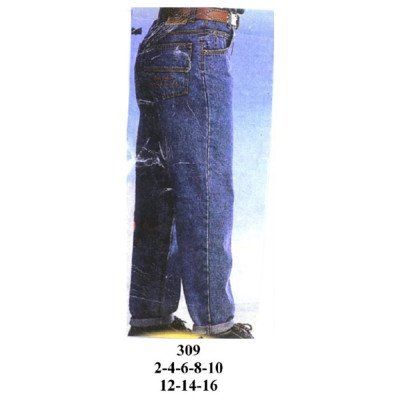 309 - Molde de Pantalón recto de mezclilla con pretina con pasadores, bragueta, bolsillos delanteros tipo ojal y bolsillos traseros de parche con tapa