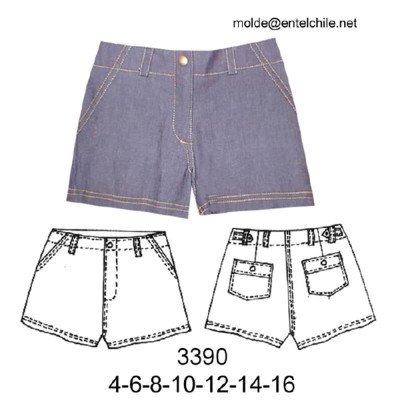 3390 - Molde de Short de mezclilla con pretina recta, bragueta con cierre, bolsillos delanteros con vivo y bolsillos traseros con tapa y botón 3390 - Molde de Short de mezclilla con pretina recta, bragueta con cierre, bolsillos delanteros con vivo y bolsillos traseros con tapa y botón