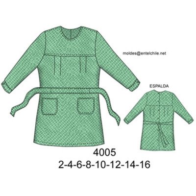 4005 - Molde de Delantal de párvulo con canesú delantero y espalda, mangas largas con puño elástico, bolsillos frontales y cinturón para anudar 4005 - Molde de Delantal de párvulo con canesú delantero y espalda, mangas largas con puño elástico, bolsillos frontales y cinturón para anudar