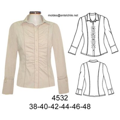 4532 - Molde de Blusa entallada, con corte sobre busto, delantero con recogido, puño ancho 4532 - Molde de Blusa entallada, con corte sobre busto, delantero con recogido, puño ancho