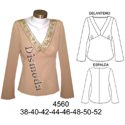 4560 - Molde de Blusa con corte bajo el busto y aplicación de encaje en escote, 4560 - Molde de Blusa con corte bajo el busto y aplicación de encaje en escote,